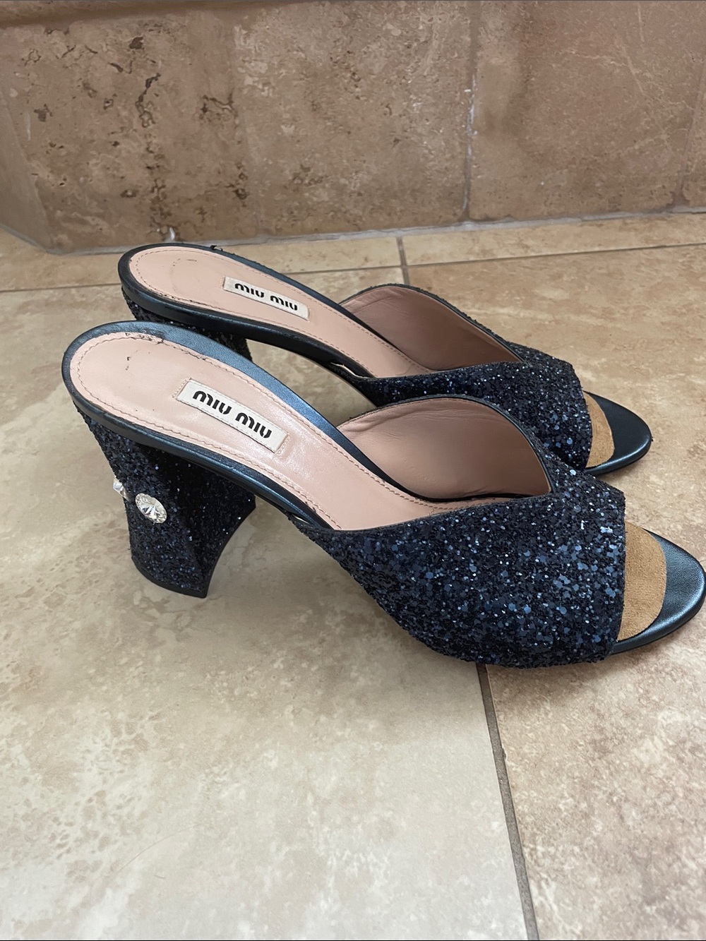 Miu Miu Navy Glitter Open-Toe Heeled Mules with crystal Accent